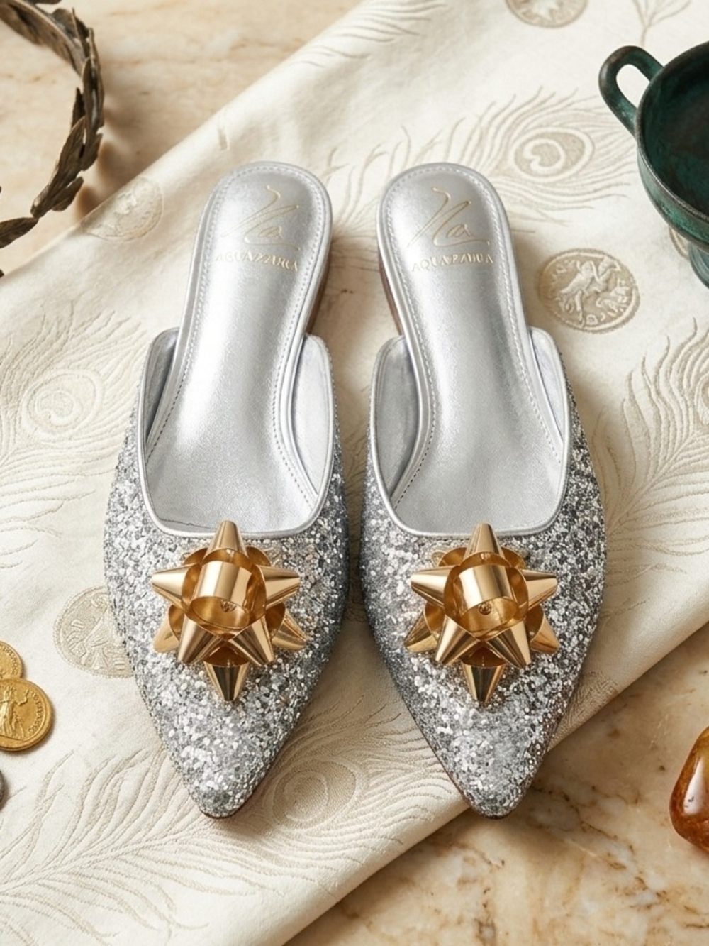 Antonio Melani X The Nat Note Estrella Silver Textured Bow Dress Mules Size 7.5